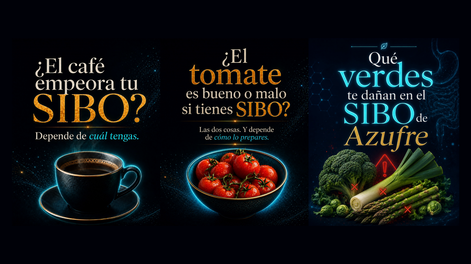 Tres portadas de artículos del blog: el café, el tomate y los verdes en el SIBO de azufre